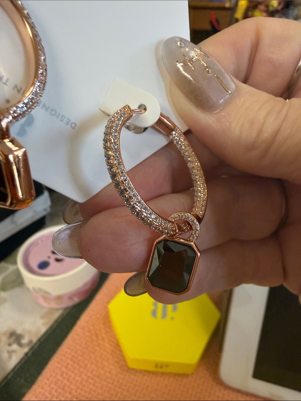 Pavé Rose Gold Hoop Earrings with Black Faceted Drop